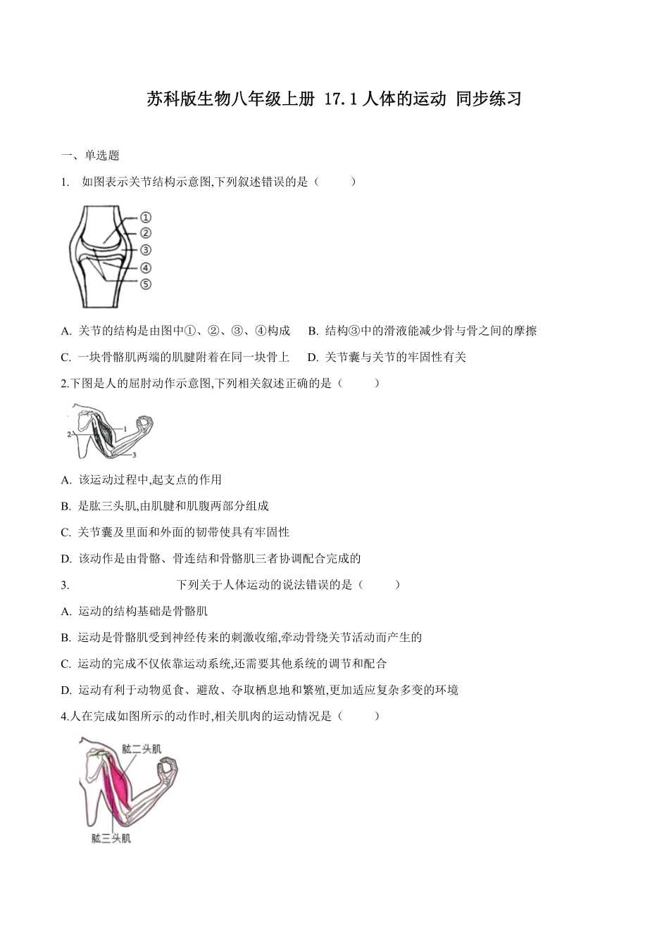 苏科版生物八年级上册 17.1 人体的运动（2） 同步练习_八年级上册_八年级上册.pdf_第1页