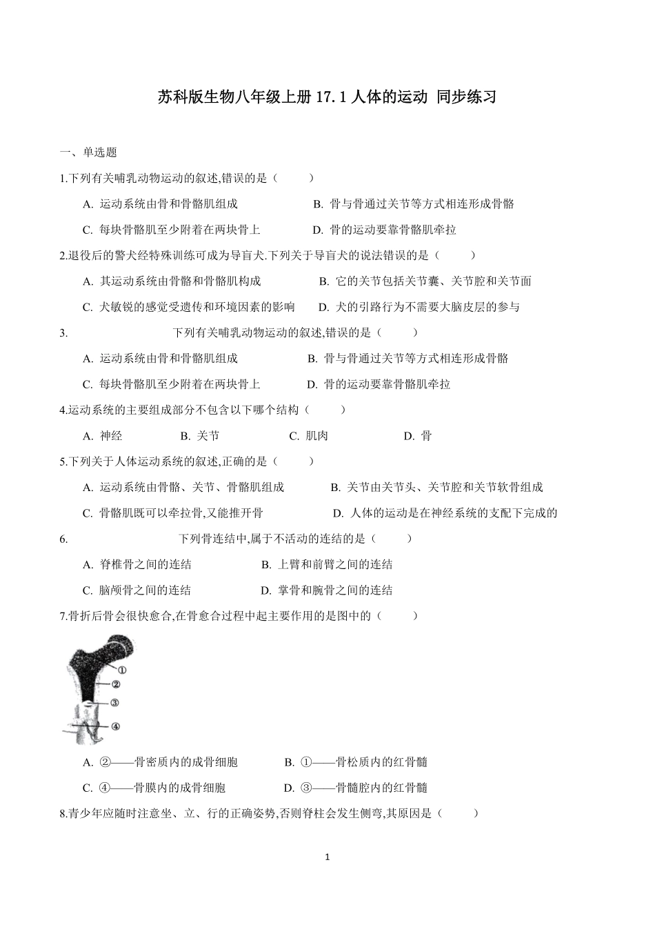 苏科版生物八年级上册 17.1 人体的运动（1） 同步练习_八年级上册_八年级上册.pdf_第1页