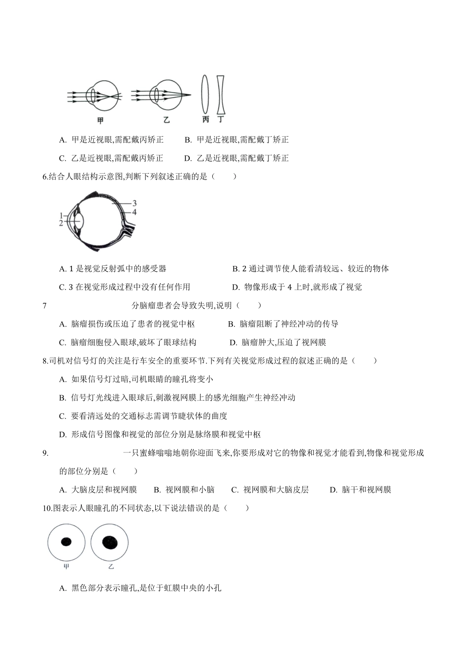 苏科版生物八年级上册 16.2 人体对信息的感知（2）同步练习_八年级上册_八年级上册.pdf_第2页