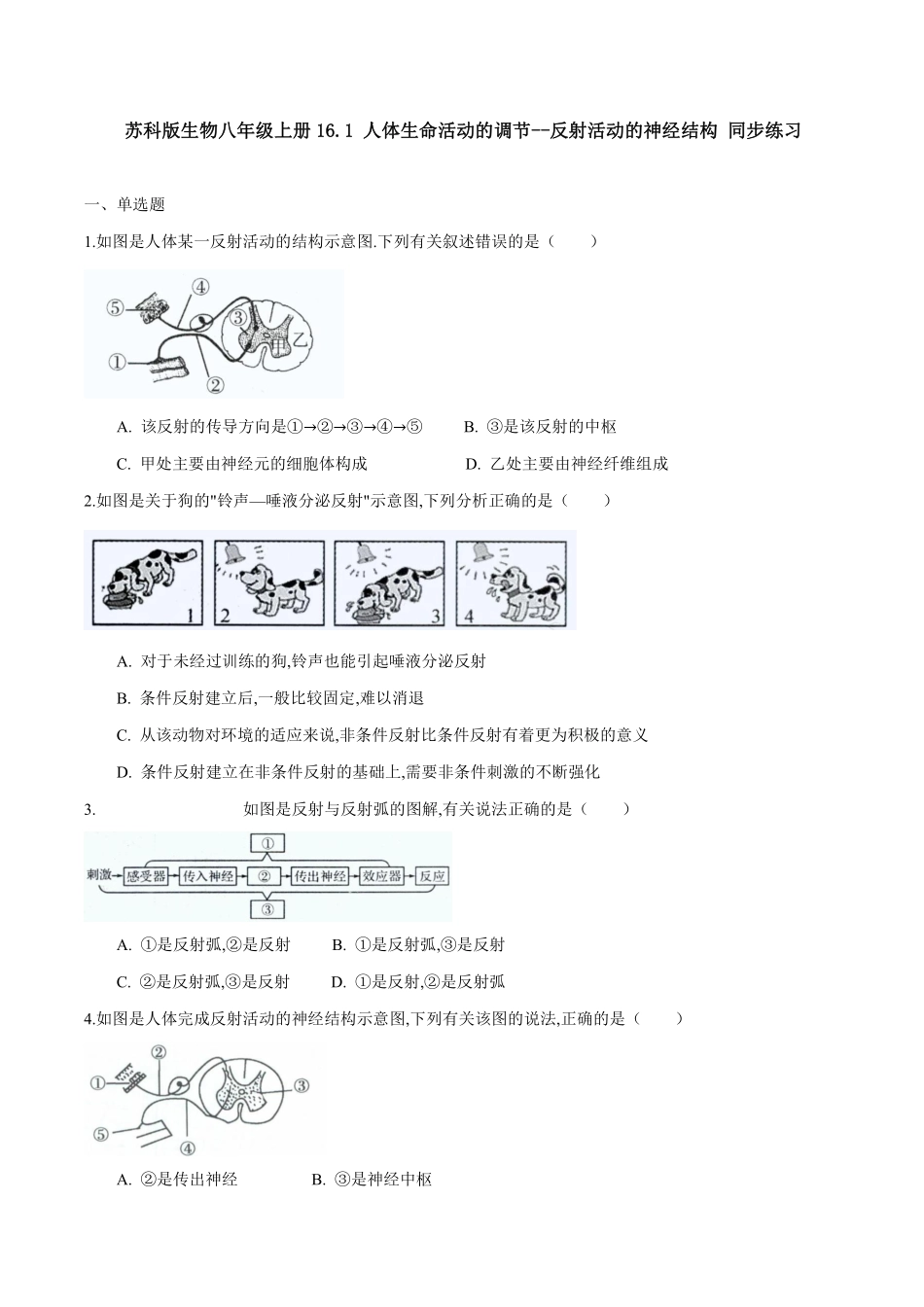 苏科版生物八年级上册 16.1 人体的神经调节（3）同步练习_八年级上册_八年级上册.pdf_第1页