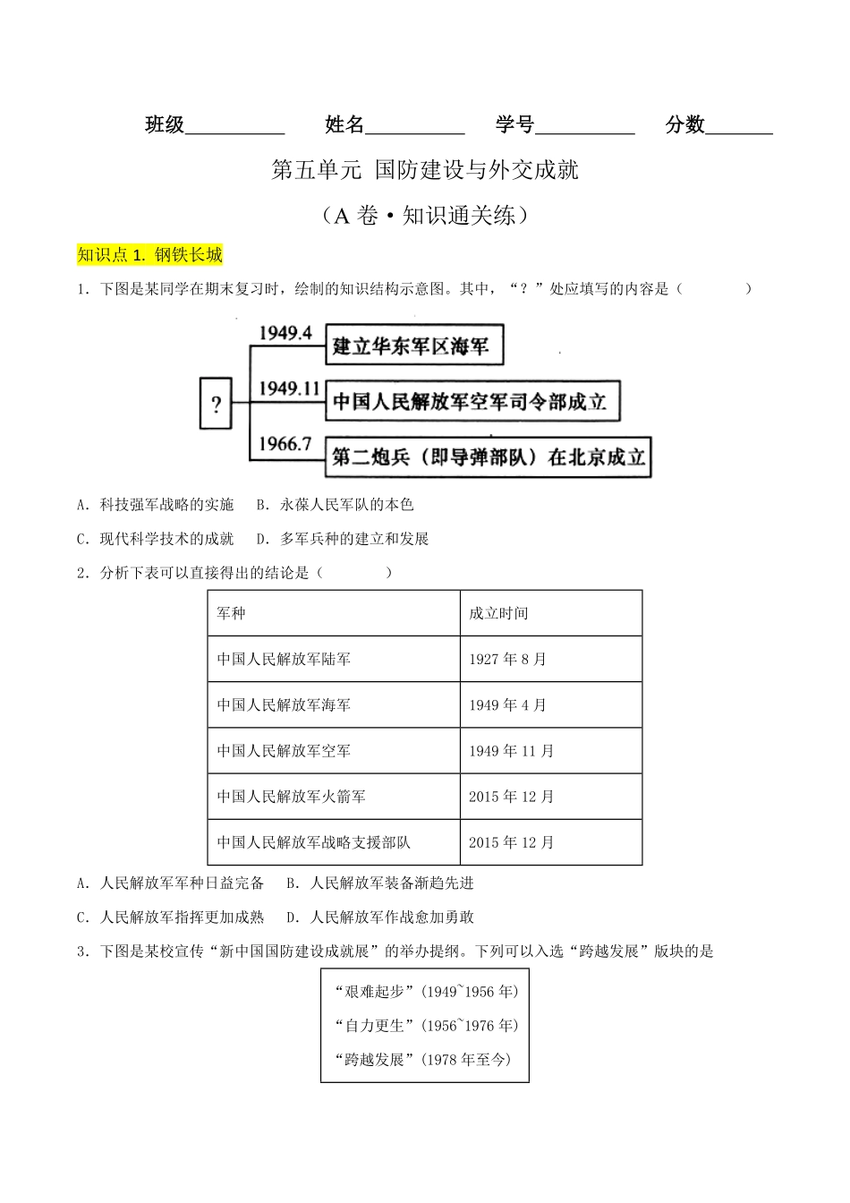 第五单元 国防建设与外交成就（A卷·知识通关练）（原卷版）  _八年级下册.pdf_第1页