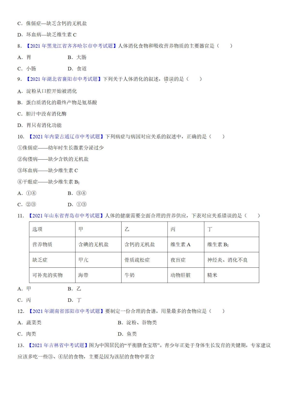 专题07 人体的营养和呼吸——中考真题_八年级下册_八年级下册生物.pdf_第2页