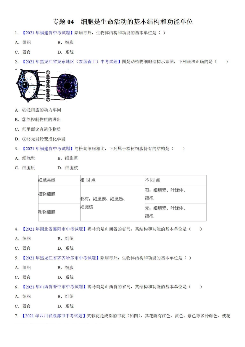 专题04 细胞是生命活动的基本结构和功能单位——中考真题_八年级下册_八年级下册生物.pdf_第1页