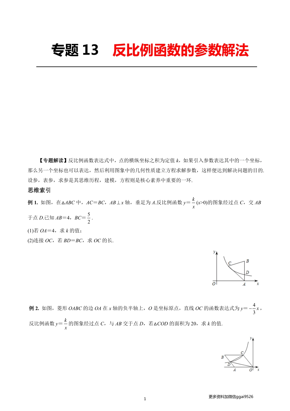 专题13反比例函数的参数解法_八年级下册_八年级数学下册.pdf_第1页