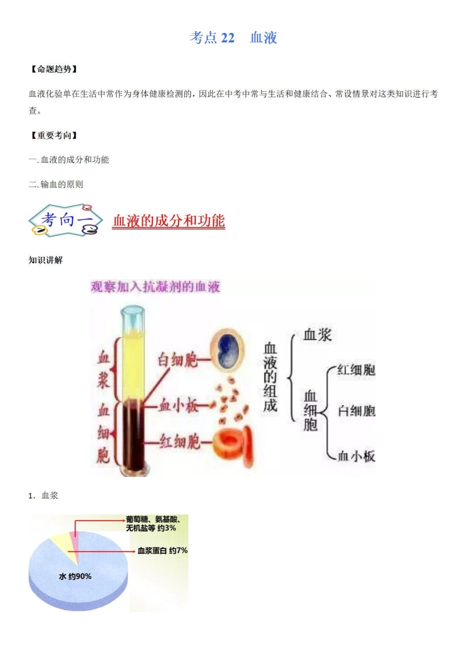 考点22 血液-备战2022年中考生物（知识点+精练）_八年级下册_八年级下册生物.pdf_第1页