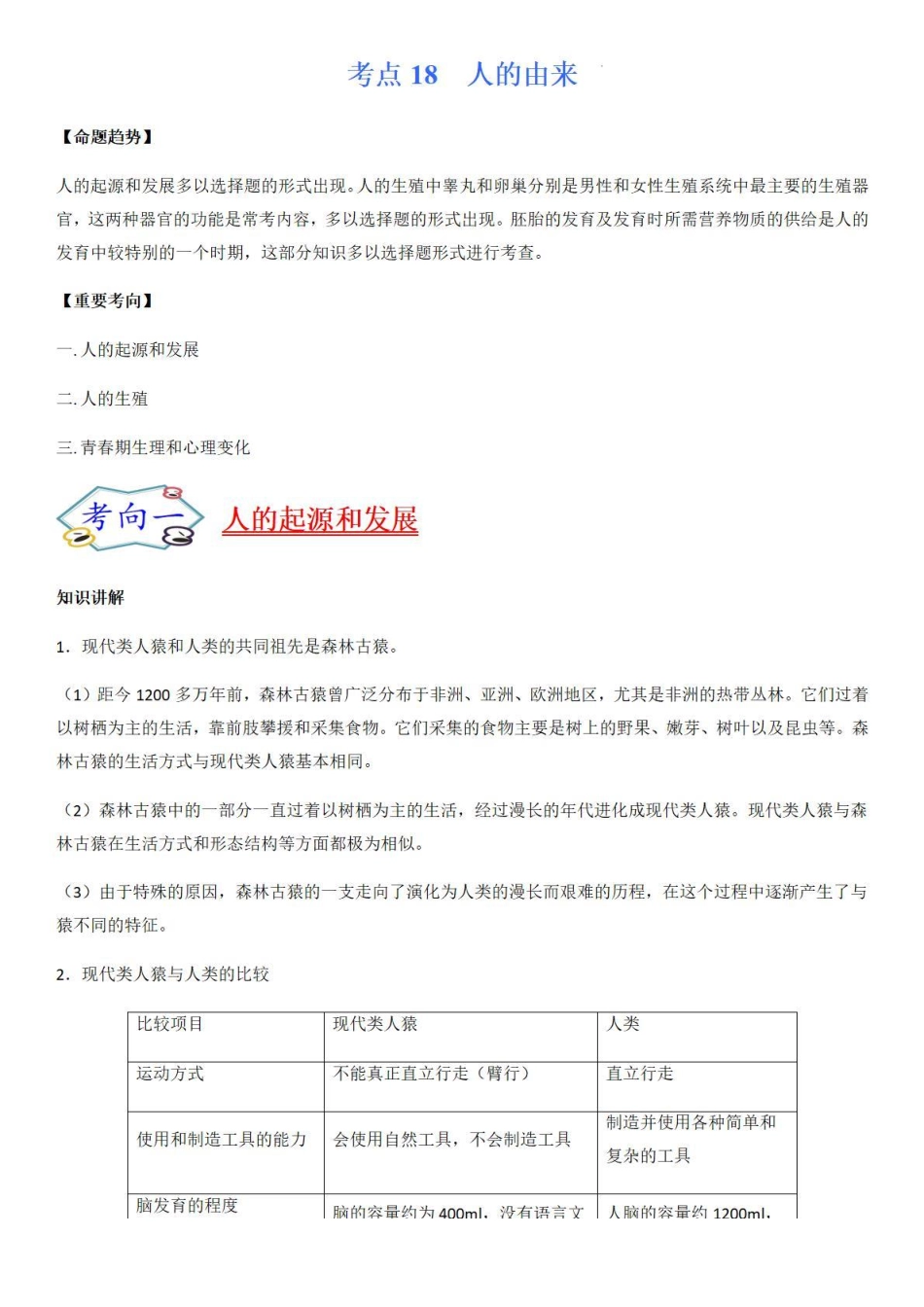 考点18 人的由来-备战2022年中考生物（知识点+精练）_八年级下册_八年级下册生物.pdf_第1页