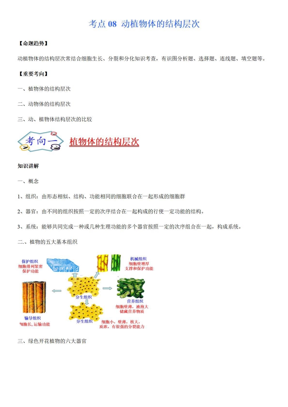 考点08 动植物体的结构层次-备战2022年中考生物（知识点+精练）_八年级下册_八年级下册生物.pdf_第1页