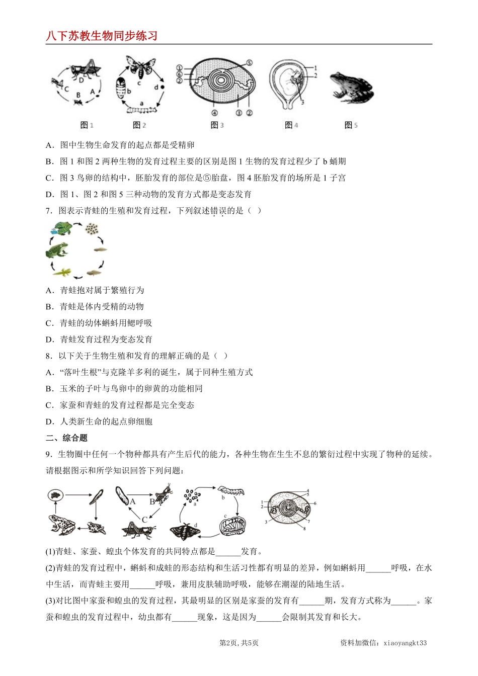 【苏教生物】8.21.4 两栖类的生殖和发育--同步练习（原卷版）_八年级下册_八年级下册生物.pdf_第2页