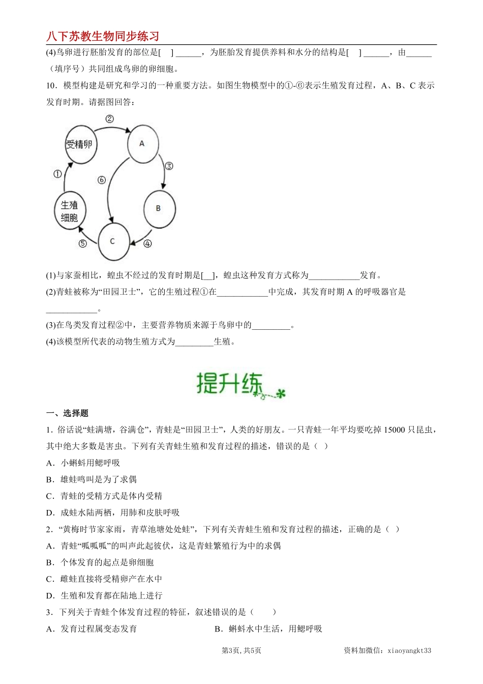 【苏教生物】8.21.4 两栖类的生殖和发育--同步练习（原卷版）_八年级下册_八年级下册生物.pdf_第3页