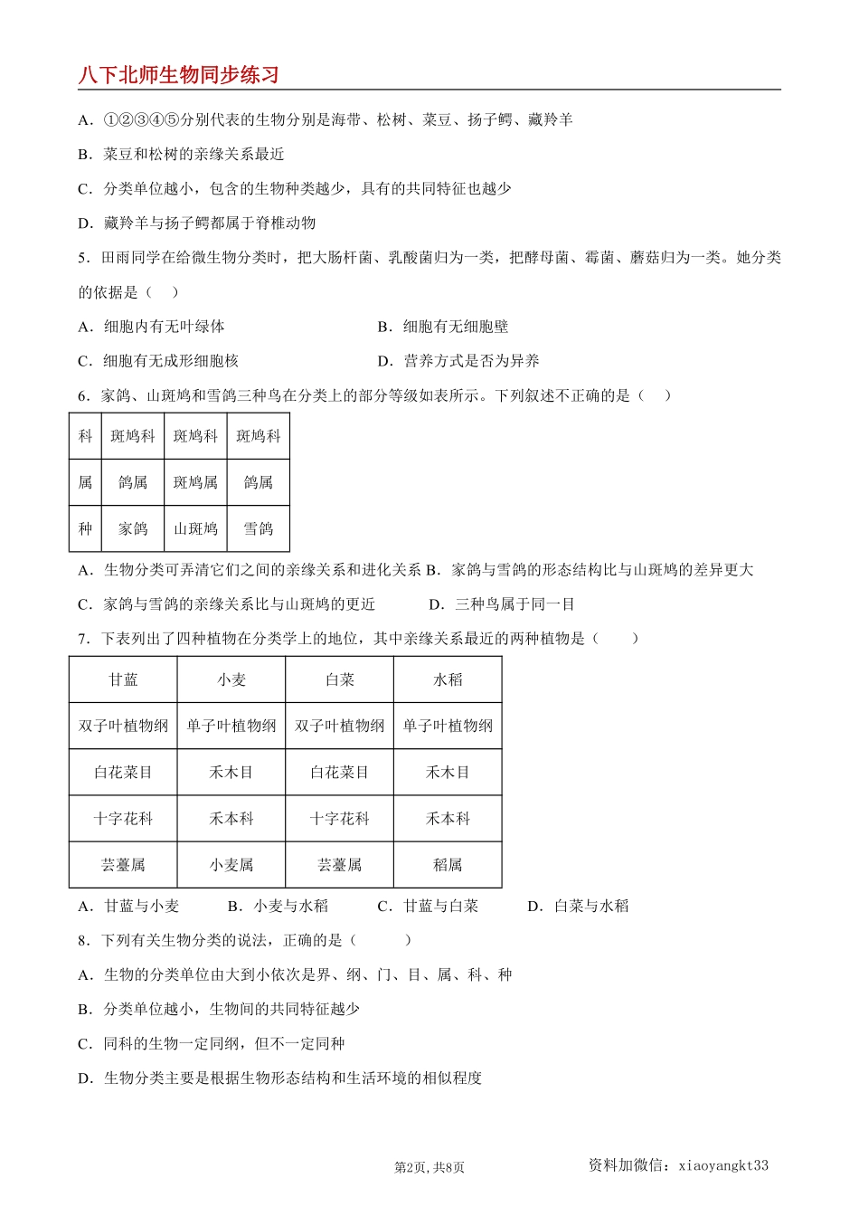 【北师生物】7.22.1 生物的分类--同步练习（原卷版）_八年级下册_八年级下册生物.pdf_第2页