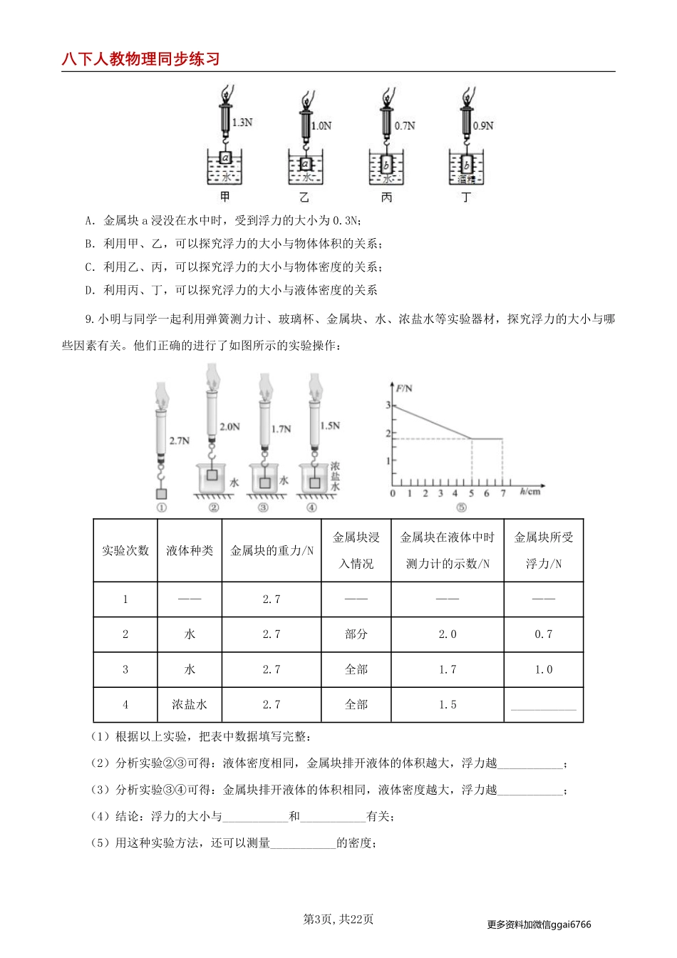 【人教物理】第10.1节  浮力（分层作业）（原卷版）_八年级下册_八年级物理下册.pdf_第3页