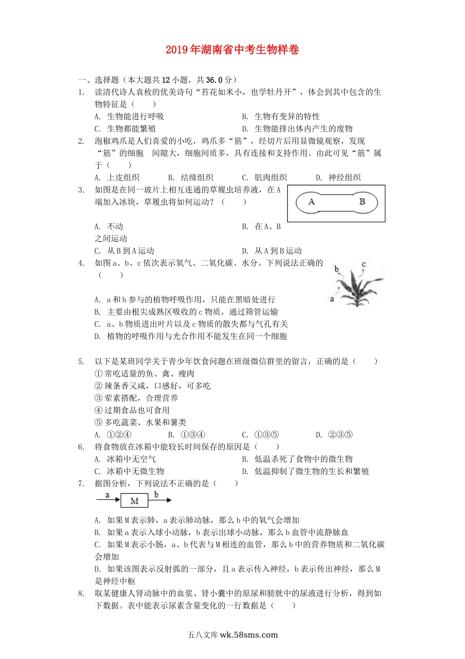 湖南省2019年中考生物样卷（含解析）_八年级下册生物.docx_第1页