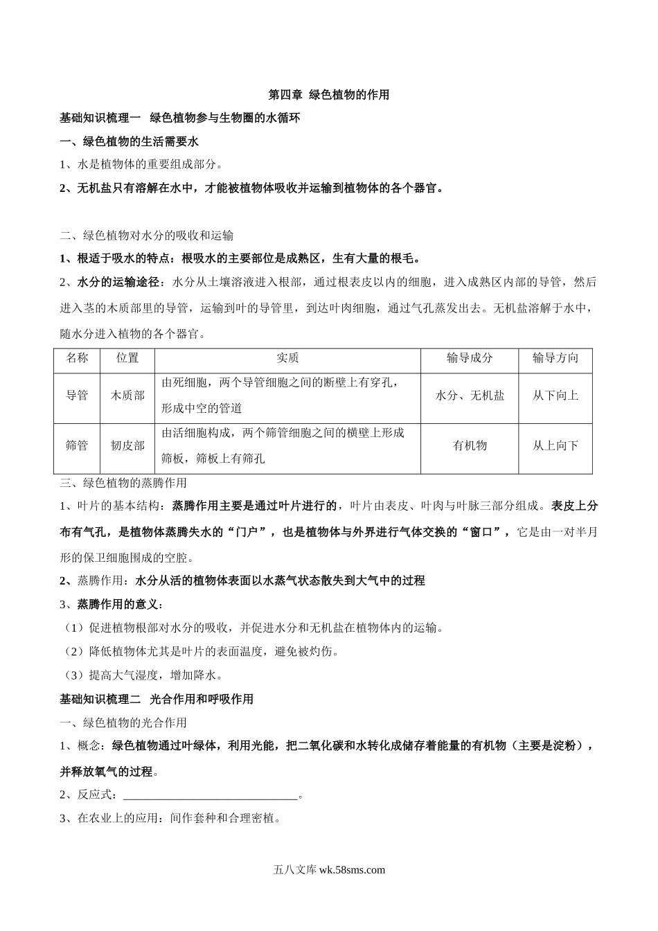 专题四 绿色植物的作用-2023年中考生物核心考点必背合集_八年级下册生物.doc_第1页