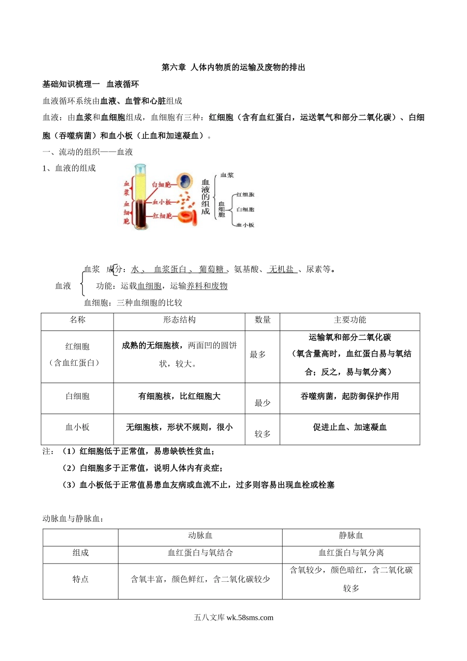 专题六 人体内物质的运输及废物的排出-2023年中考生物核心考点必背合集_八年级下册生物.doc_第1页