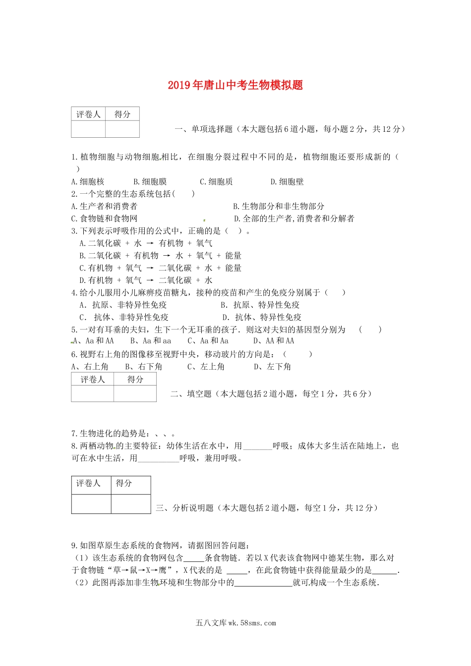 河北省2019年唐山市中考生物模拟题_八年级下册生物.docx_第1页