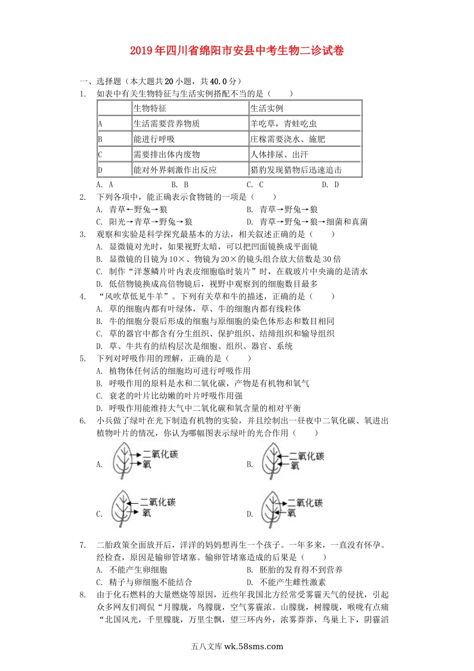 四川省绵阳市安县2019年中考生物二诊试卷（含解析）_八年级下册生物.docx_第1页