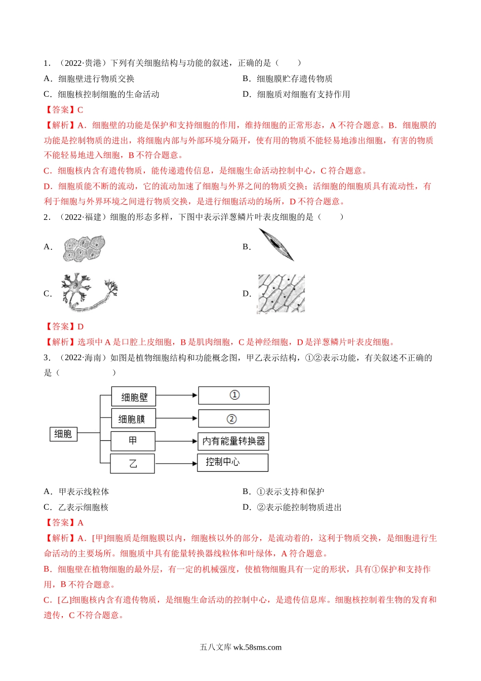 热点01 植物的细胞结构及开花和结果-2023年中考生物【热点·重点·难点】专练（全国通用）（解析版）_八年级下册生物.docx_第3页