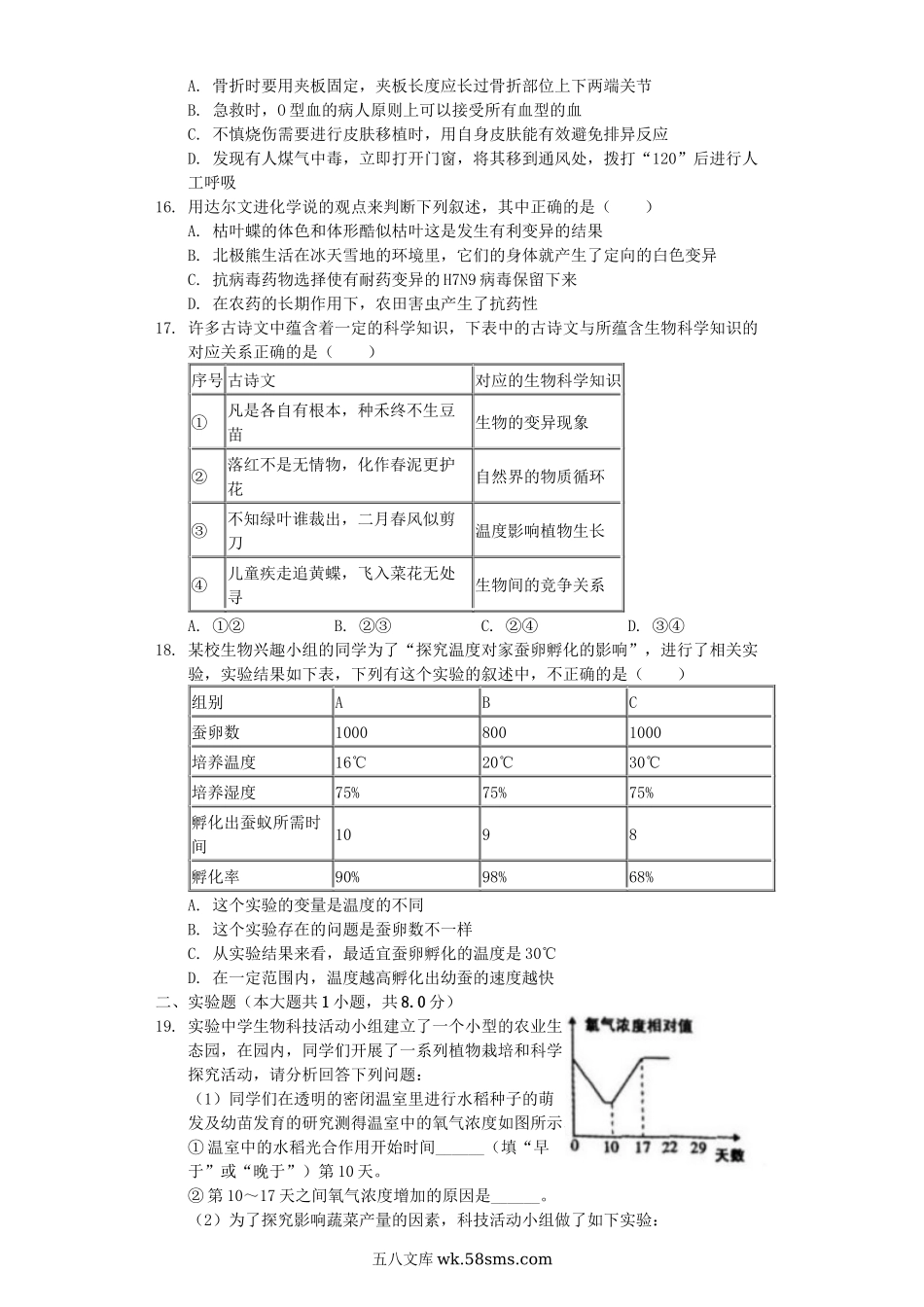 山东省枣庄市2019年中考生物四模试（含解析）_八年级下册生物.docx_第3页