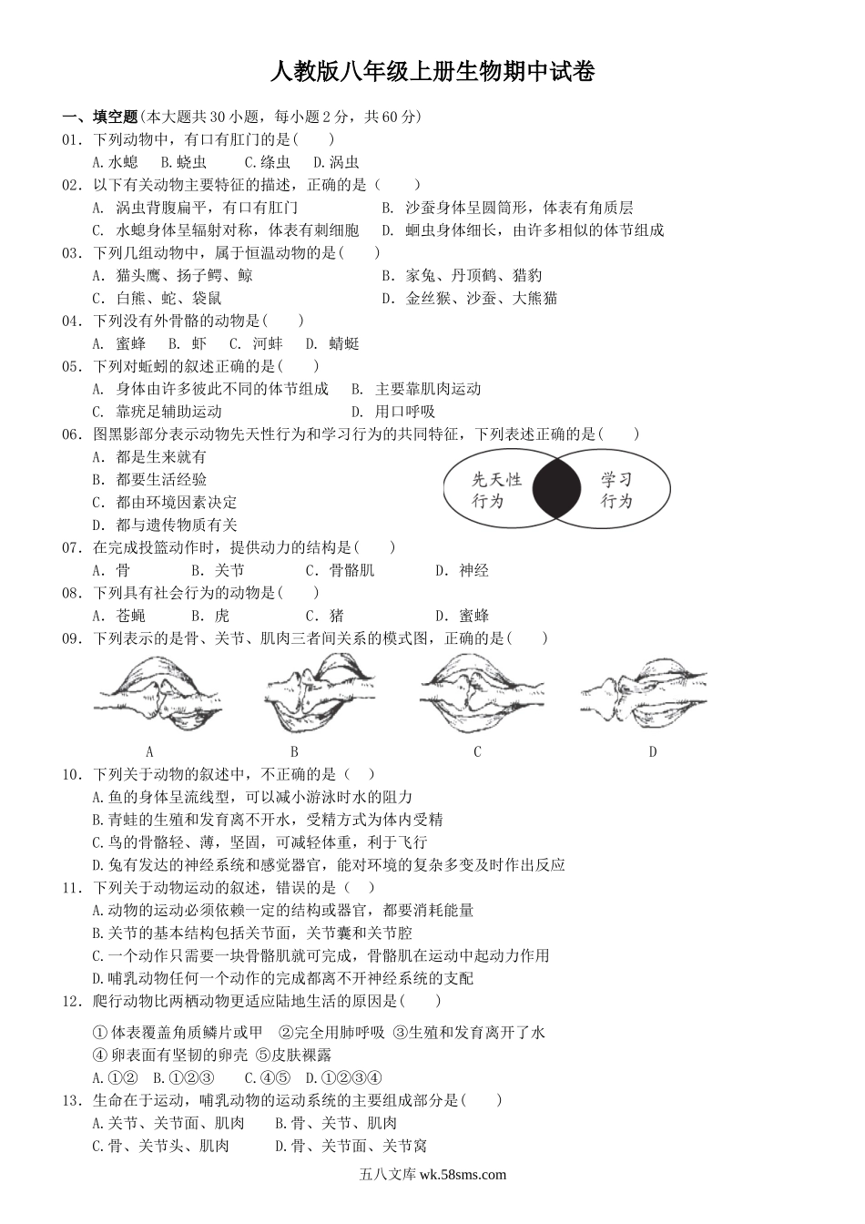 人教版八年级上册生物期中试卷1_八年级下册生物.doc_第1页