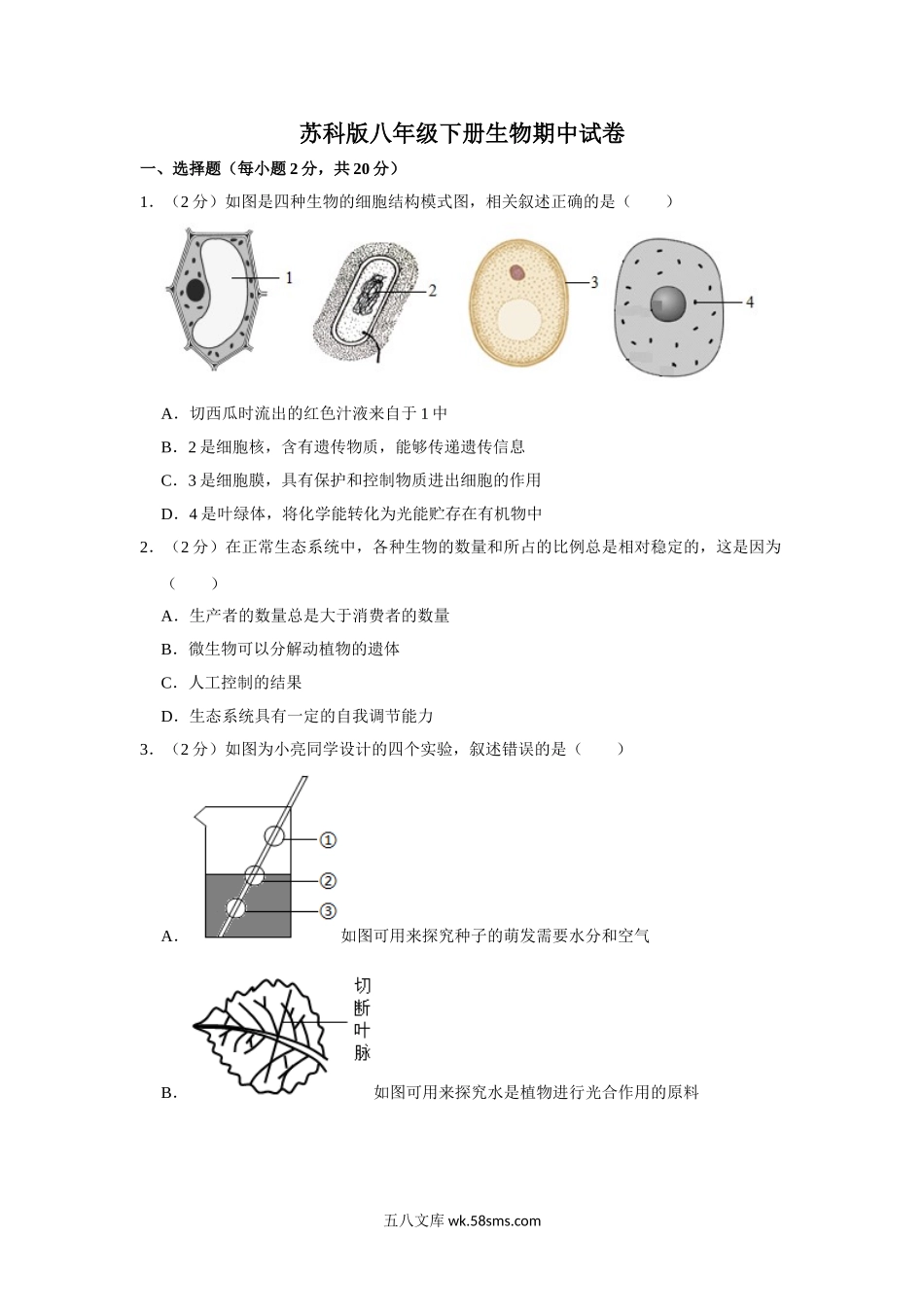 苏科版八年级下册生物期中试卷-1_八年级下册生物.doc_第1页