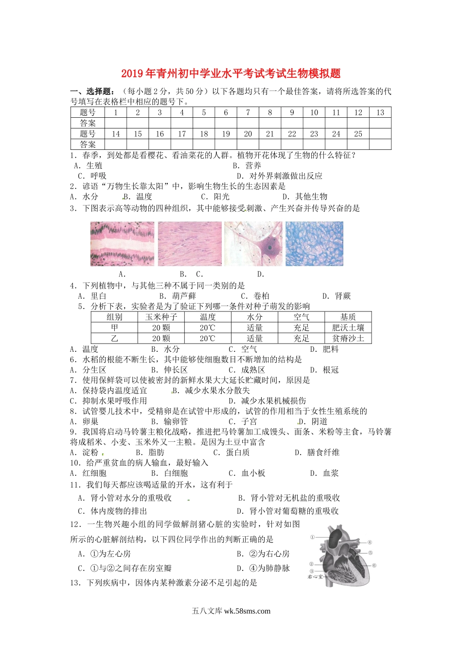 山东省青州市2019年初中生物学业水平考试考试模拟题_八年级下册生物.docx_第1页