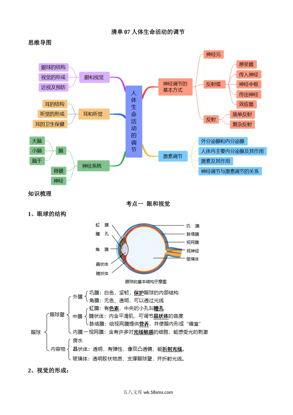 清单07 人体生命活动的调节（5大考点+6大高频命题点）_八年级下册生物.docx_第1页