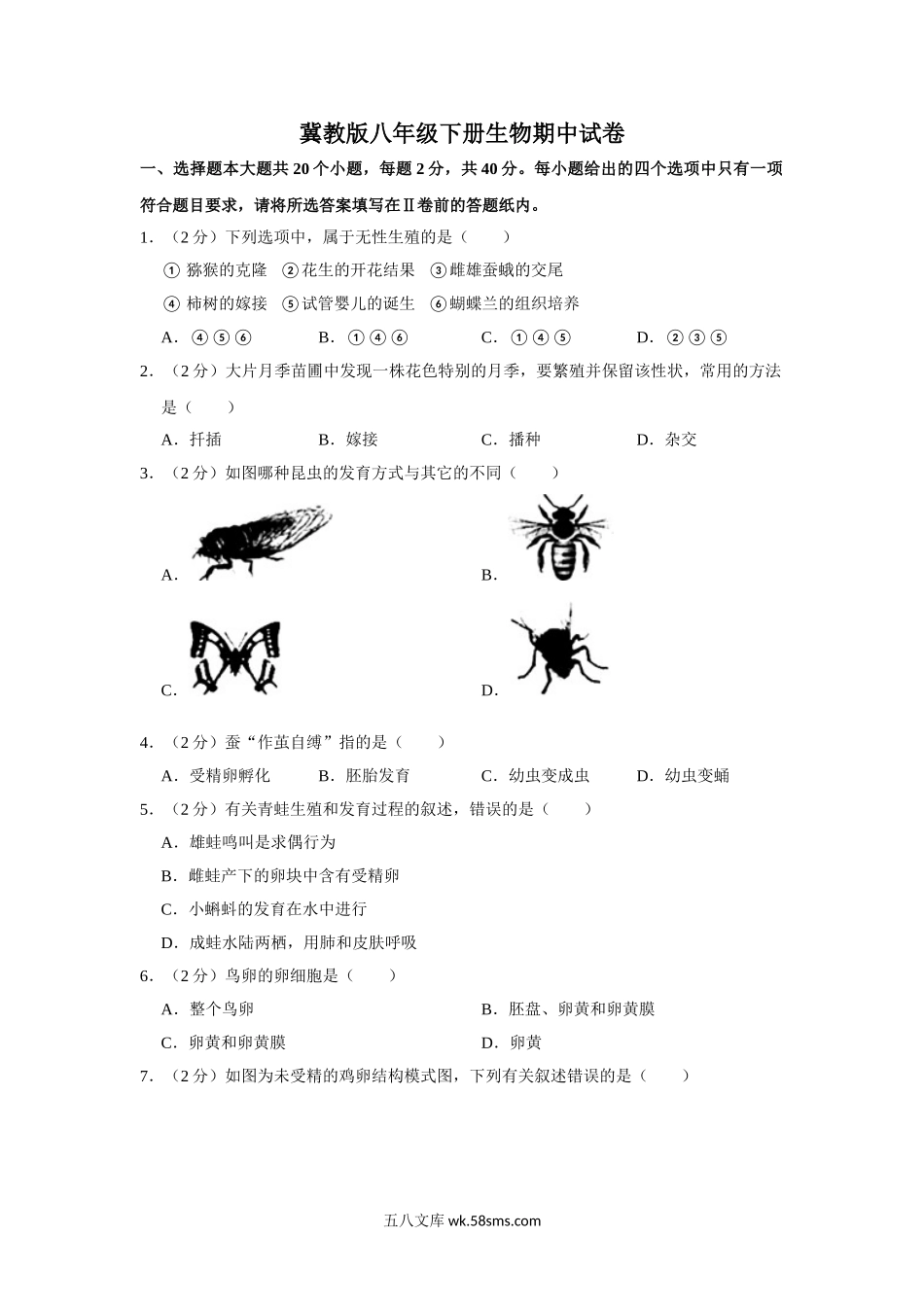 冀教版八年级下册生物期中试卷-1_八年级下册生物.doc_第1页