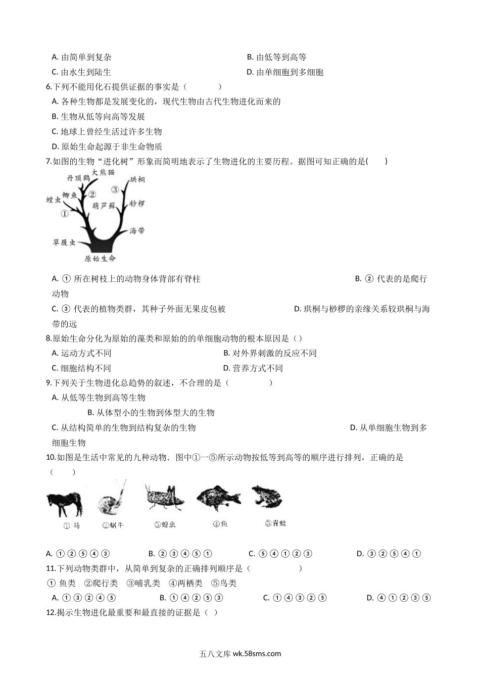 济南版八年级下册生物-5.1.3生物进化的历程-同步测试_八年级下册生物.docx_第2页