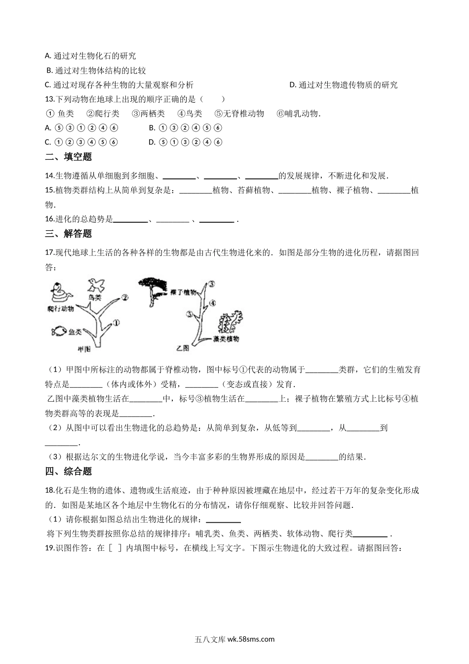 济南版八年级下册生物-5.1.3生物进化的历程-同步测试_八年级下册生物.docx_第3页