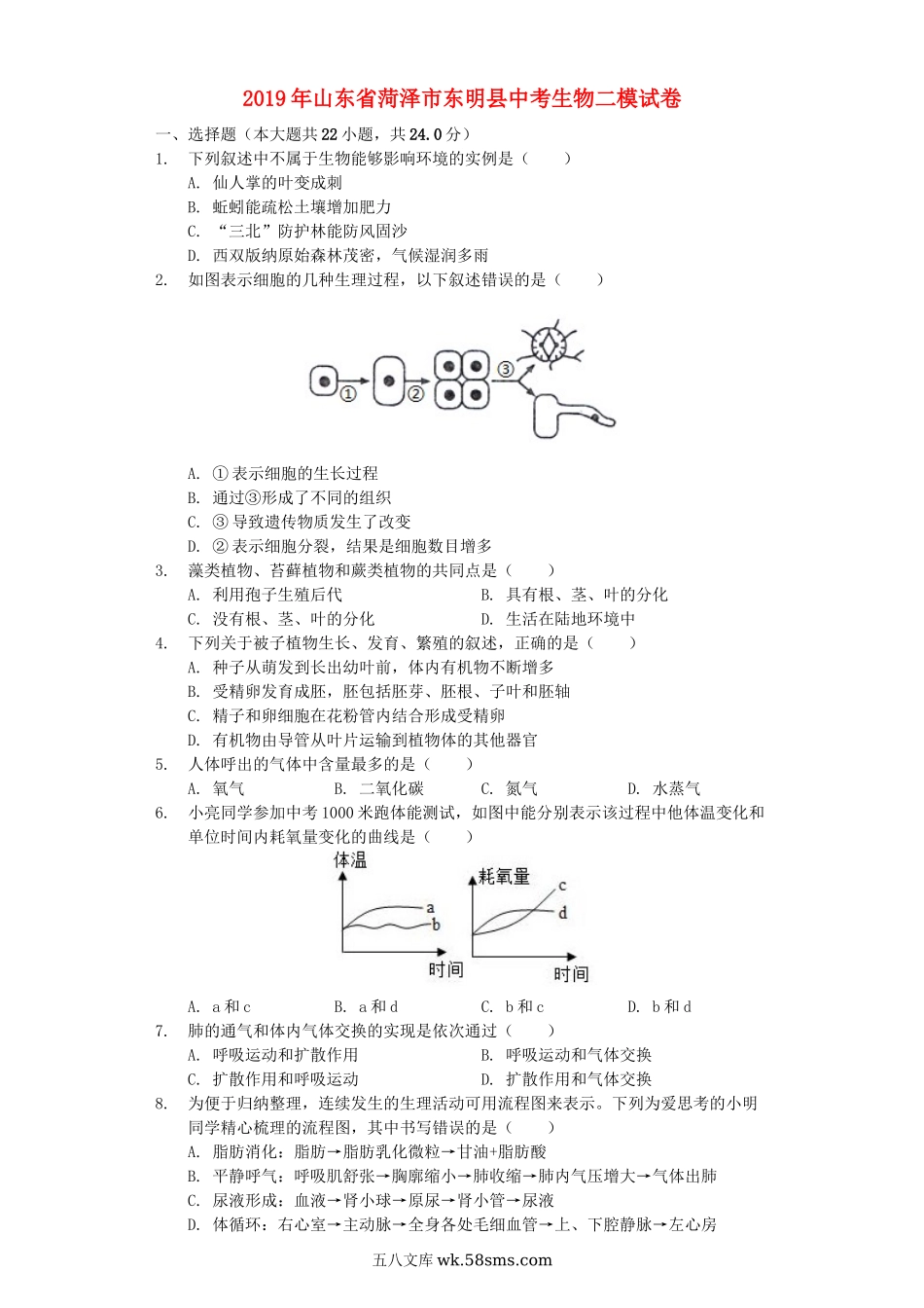 山东省菏泽市东明县2019年中考生物二模试卷_八年级下册生物.docx_第1页