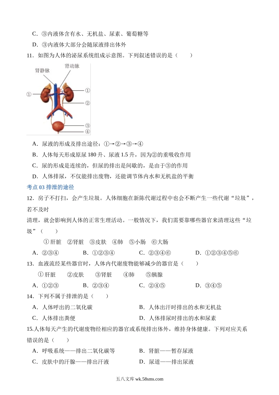 专题13 人体内废物的排出（练习） _八年级下册生物.docx_第3页