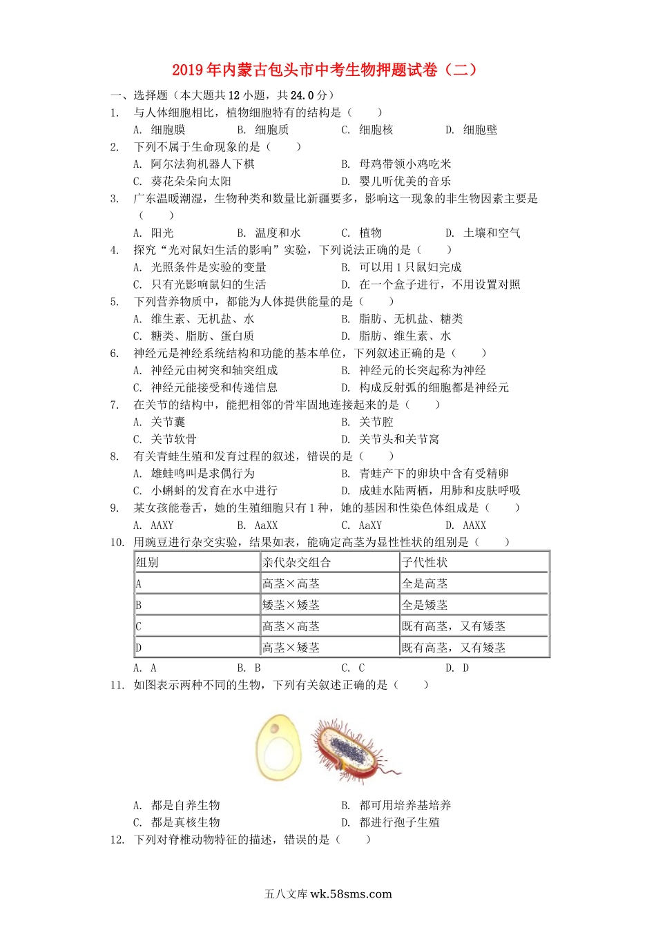 内蒙古包头市2019年中考生物押题试卷（二）（含解析）_八年级下册生物.docx_第1页