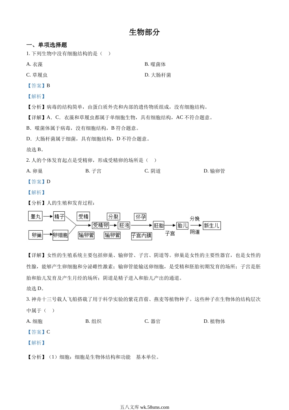 精品解析：2022年江西省中考生物真题（解析版）_八年级下册生物.docx_第1页