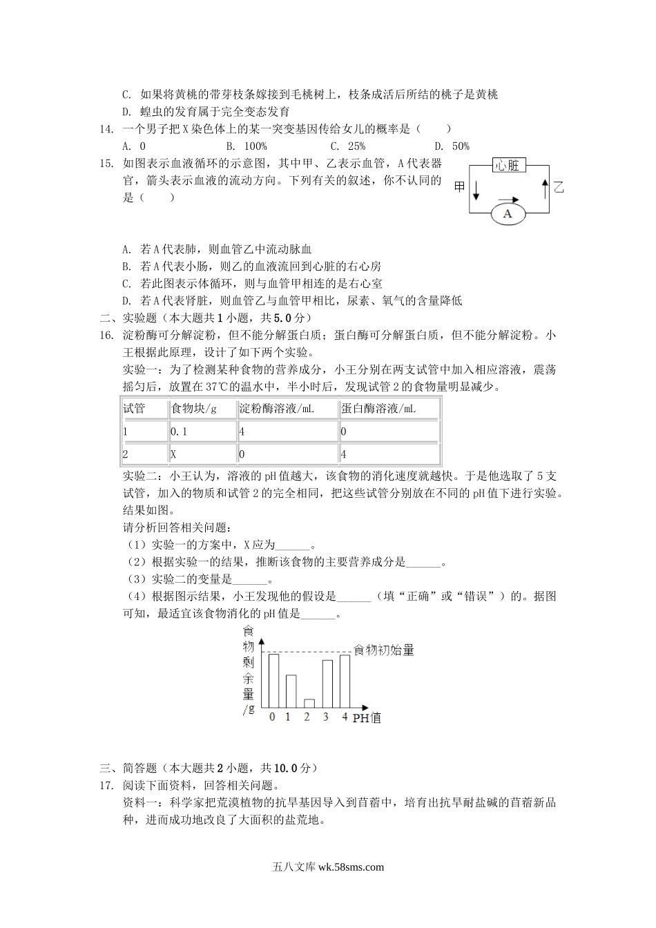 江西省2019年中招生物模拟试卷_八年级下册生物.doc_第3页