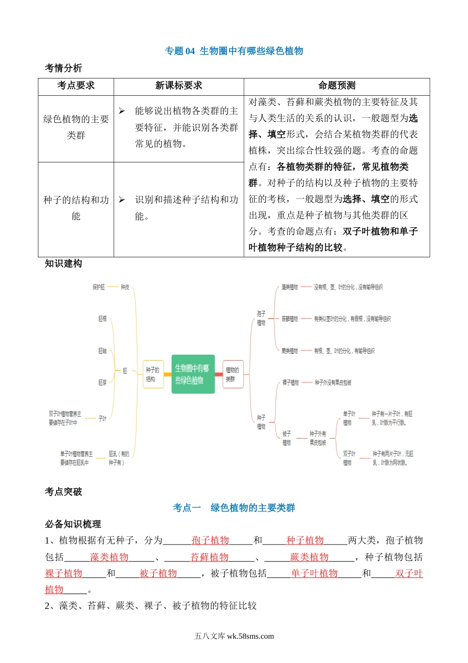 专题04 生物圈中有哪些绿色植物（讲义）_八年级下册生物.docx_第1页