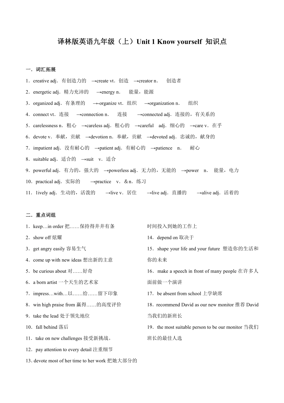 译林版英语九年级（上）Unit 1 Know yourself 知识点.pdf_第1页