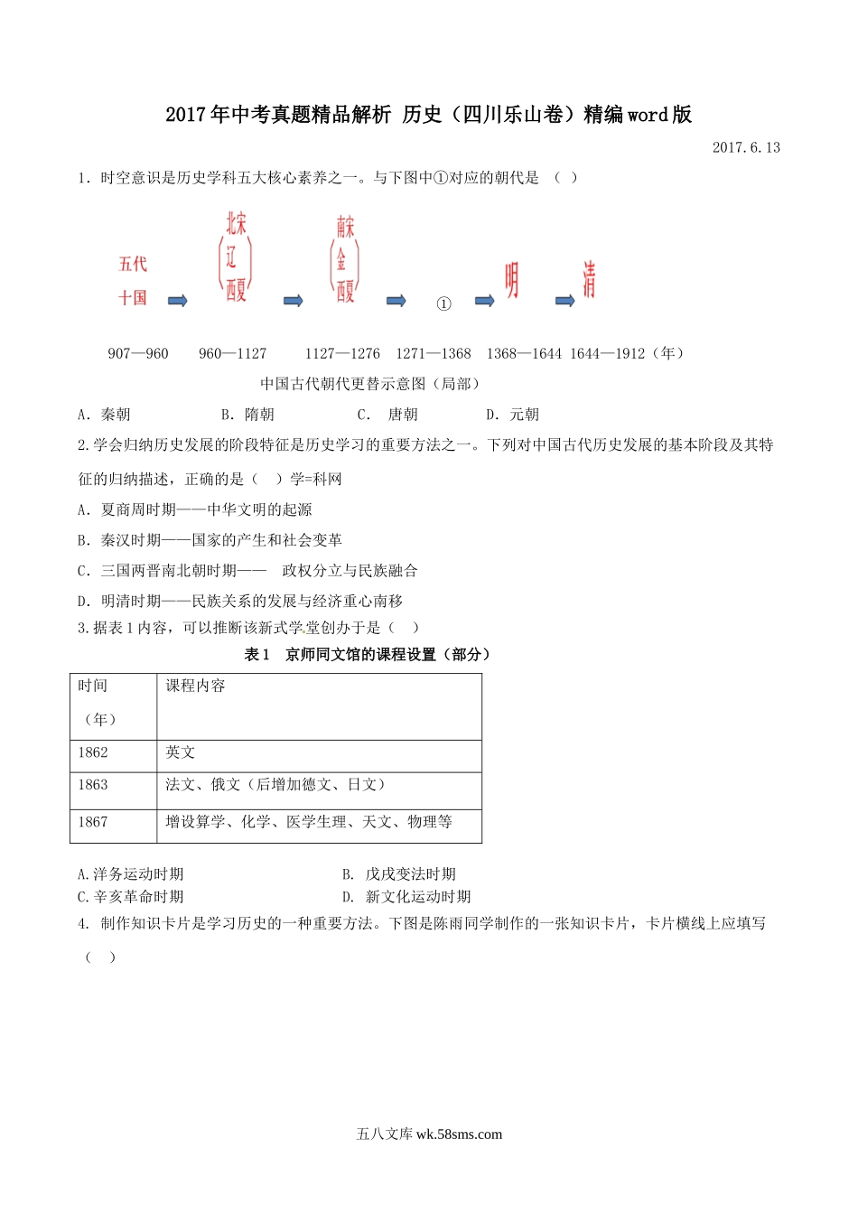 2017年中考真题精品解析 历史（四川乐山卷）精编word版（原卷版）_九年级下册.doc_第1页
