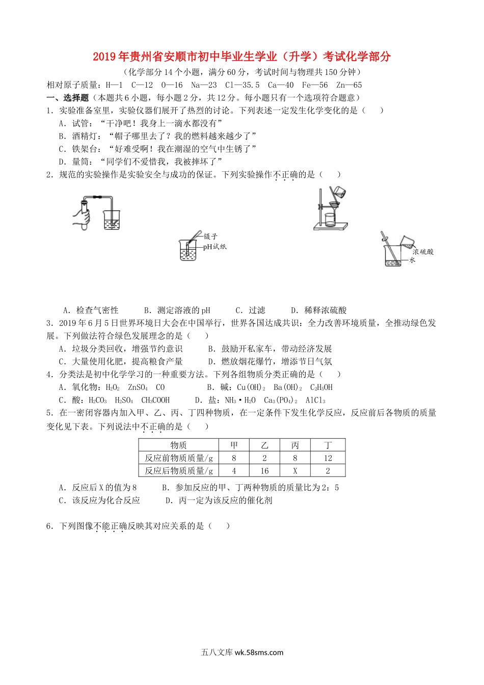 贵州省安顺市2019年中考化学真题试题（含解析）_九年级下册.doc_第1页