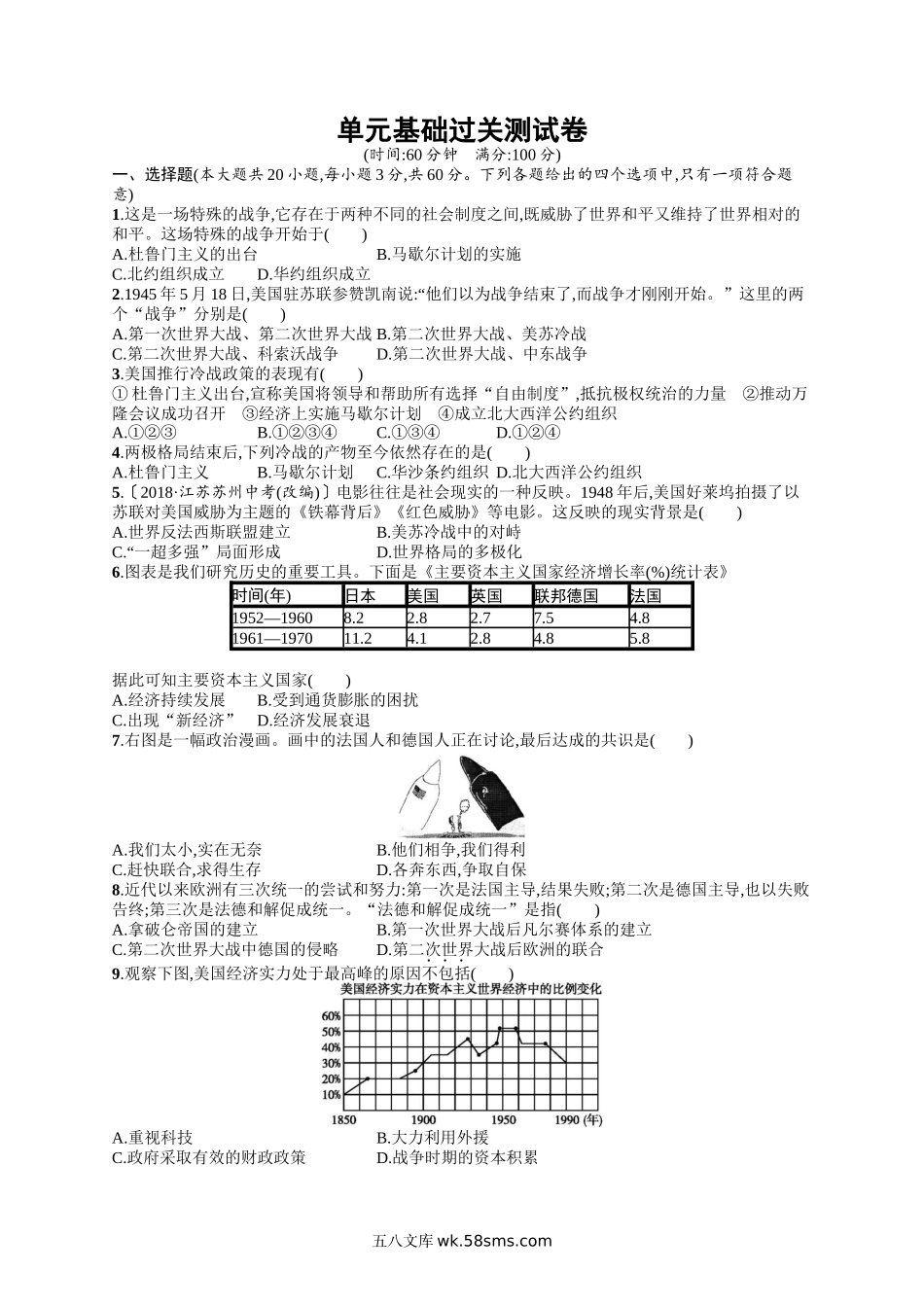 第5单元 冷战和美苏对峙的世界 单元基础过关测试卷（解析版）_九年级下册.docx_第1页