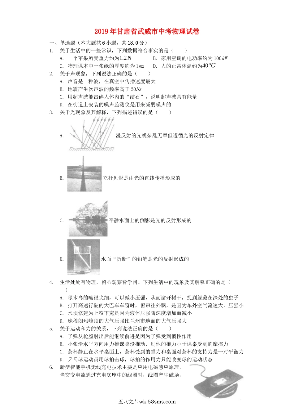 甘肃省武威市2019年中考物理真题试题（含解析）_九年级下册.docx_第1页