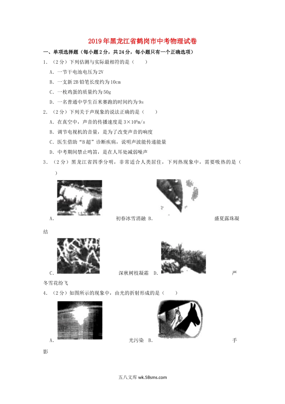 黑龙江省鹤岗市2019年中考物理真题试题（含解析）_九年级下册.doc_第1页