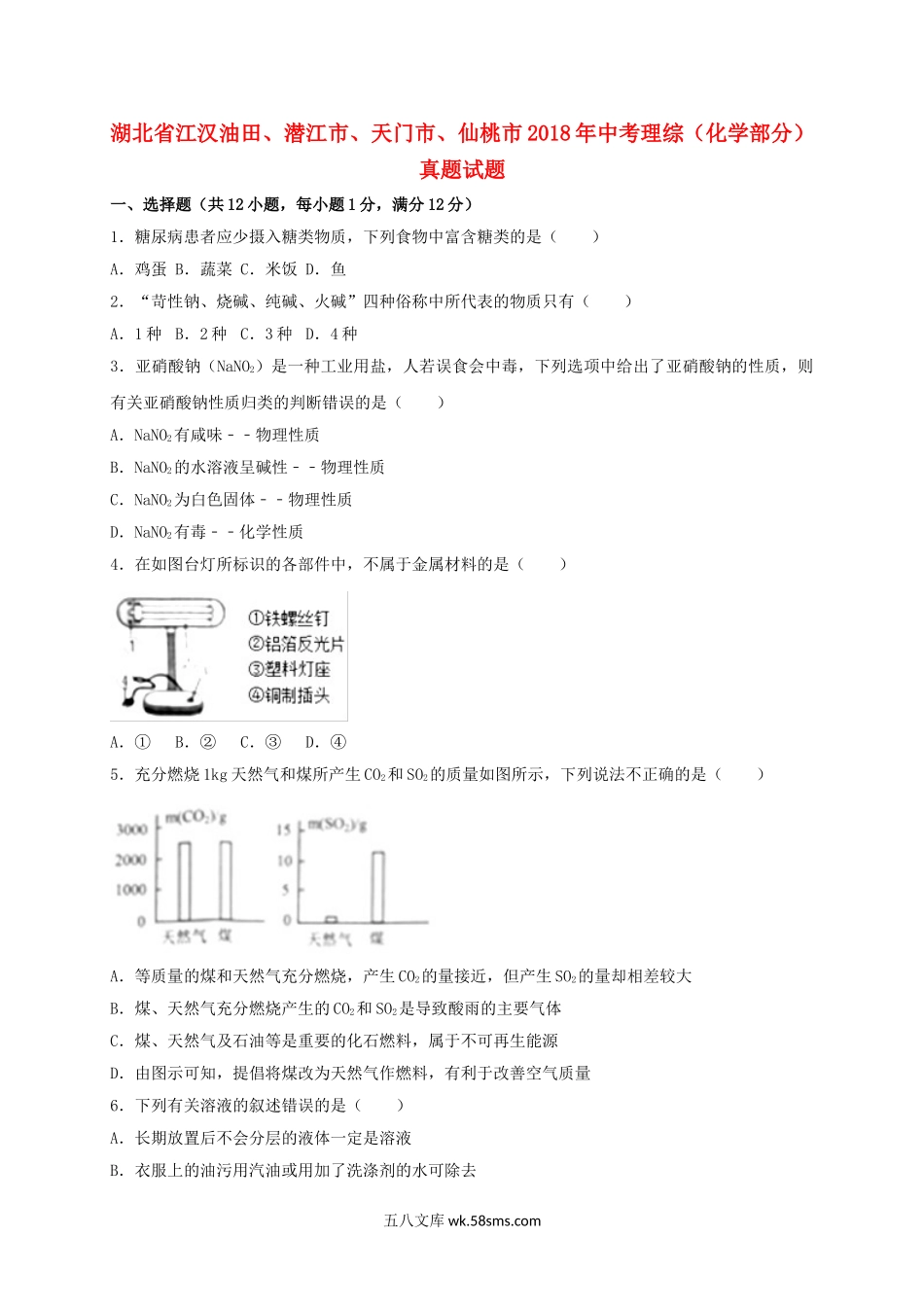 湖北省江汉油田、潜江市、天门市、仙桃市2018年中考理综（化学部分）真题试题（含解析）_九年级下册.doc_第1页