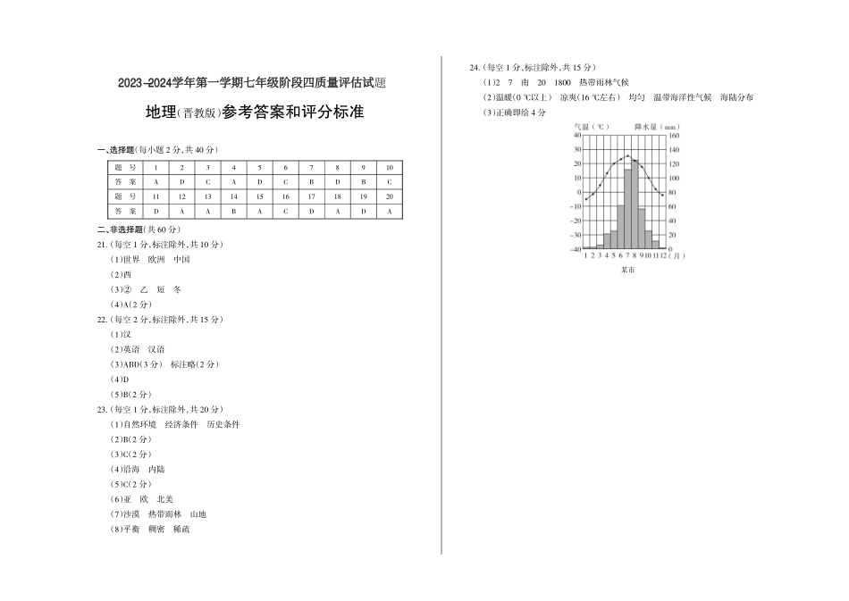 2023-2024学年第一学期七年级阶段四质量评估试题·地理（晋教版）·答案.pdf_第1页