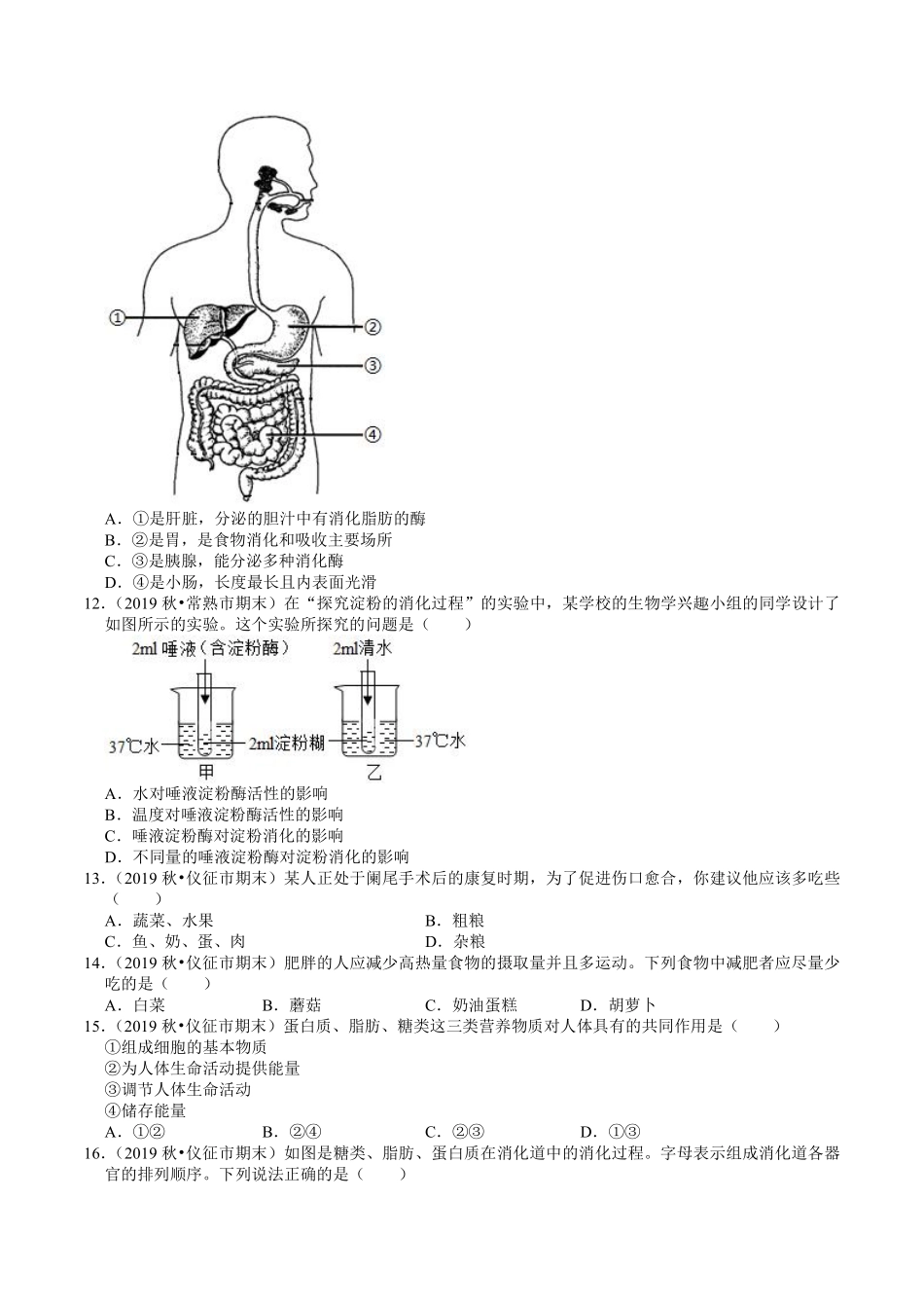 苏科版七年级生物上册期末专题复习：第5章《人体的物质和能量来源于食物》试题精选（1）.pdf_第3页