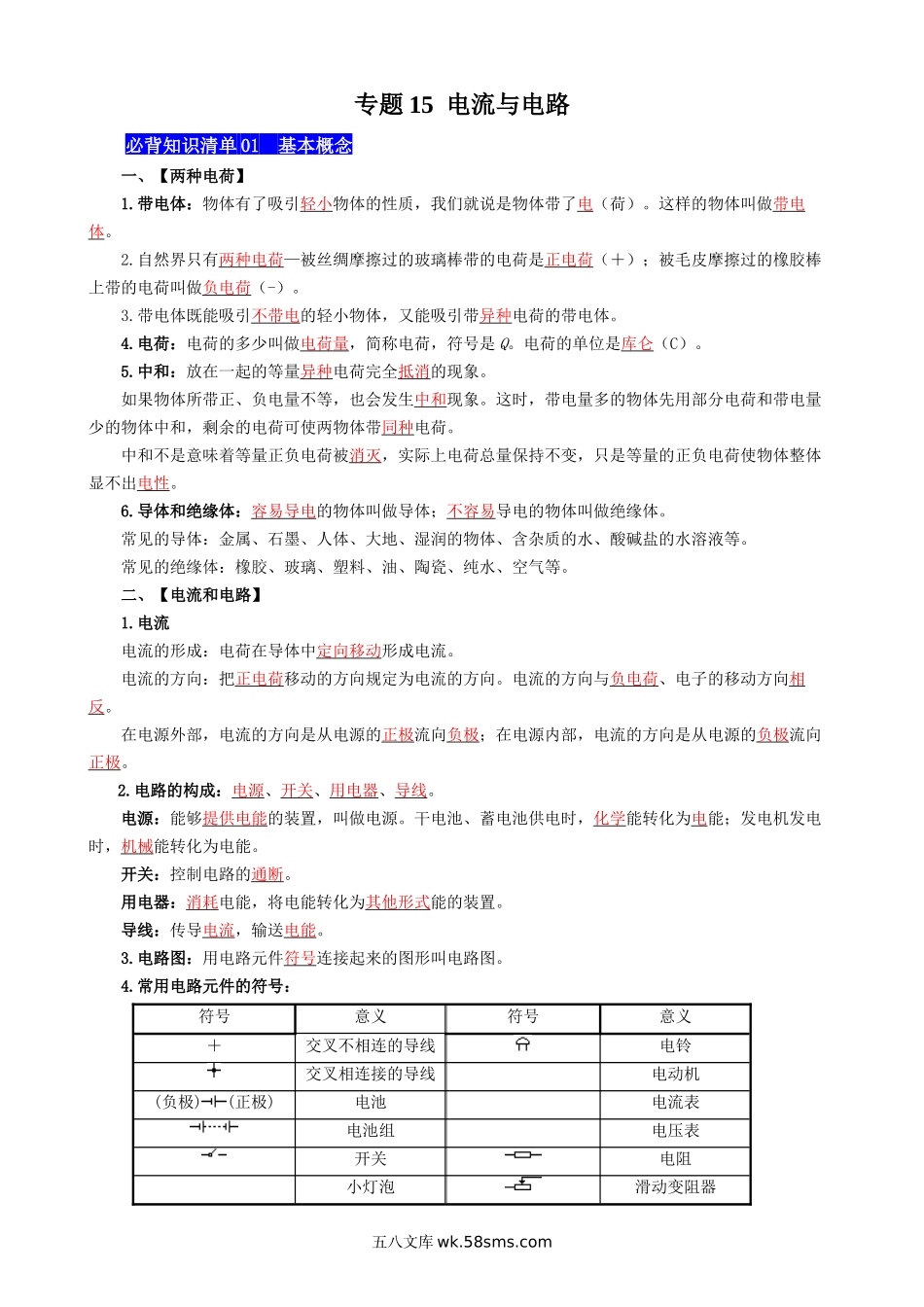 专题15 电流与电路 - 中考【背诵清单】.docx_第1页