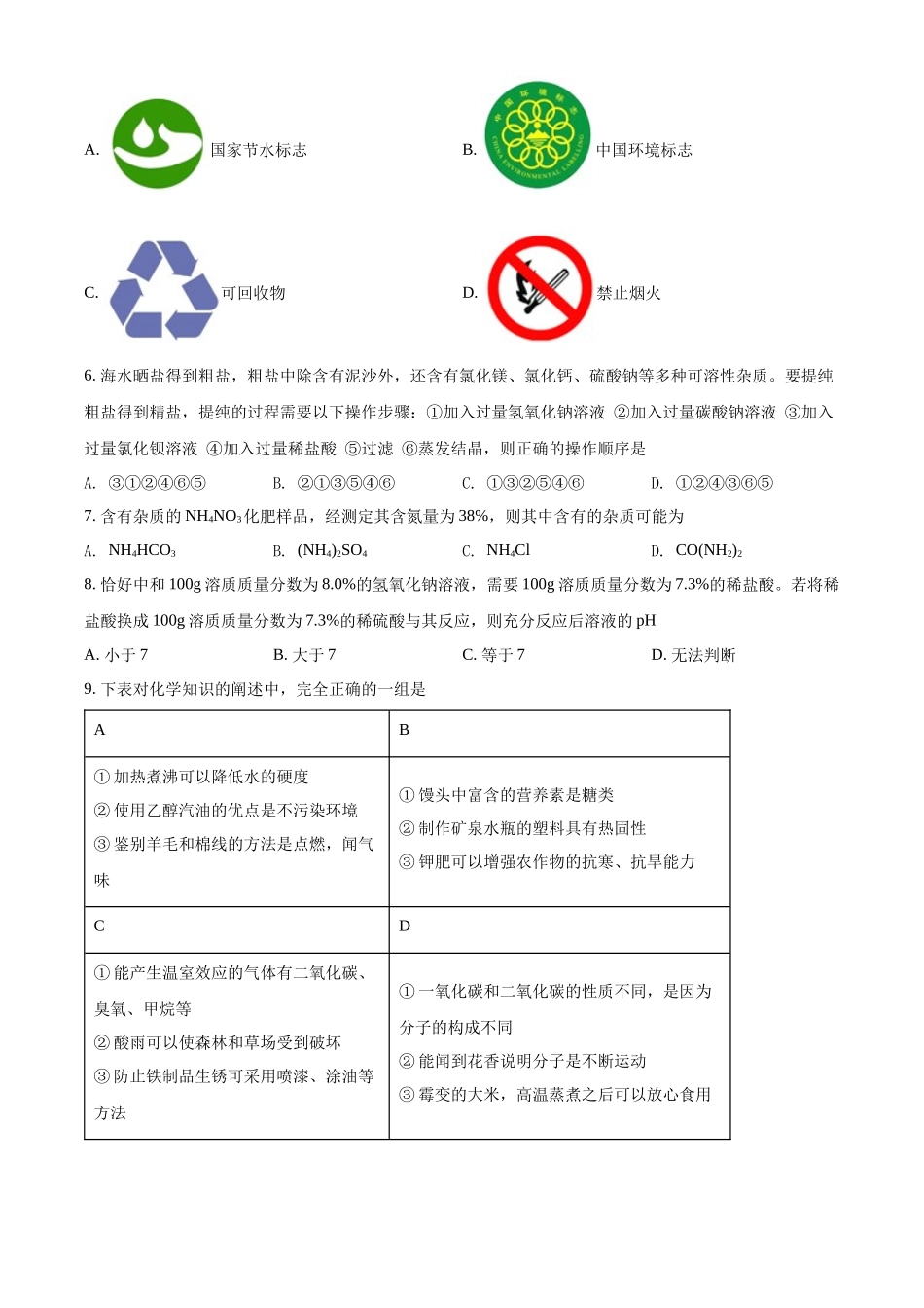 精品解析：2022年黑龙江省绥化市中考化学真题（原卷版）_九年级下册.docx_第2页