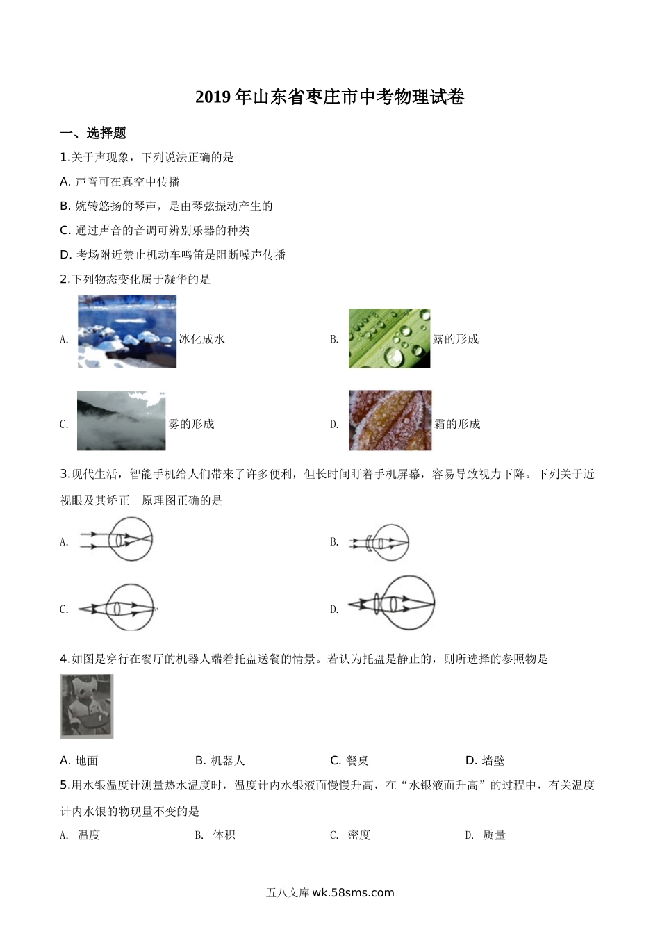 精品解析：2019年山东省枣庄市中考物理试题（原卷版）_九年级下册.doc_第1页