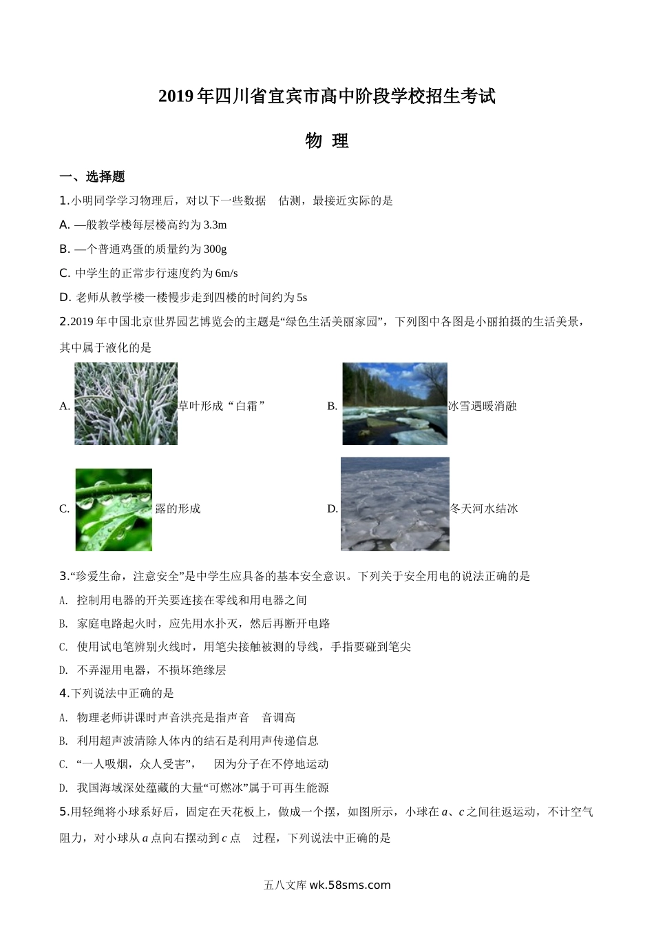 精品解析：2019年四川省宜宾市中考物理试题（原卷版）_九年级下册.doc_第1页