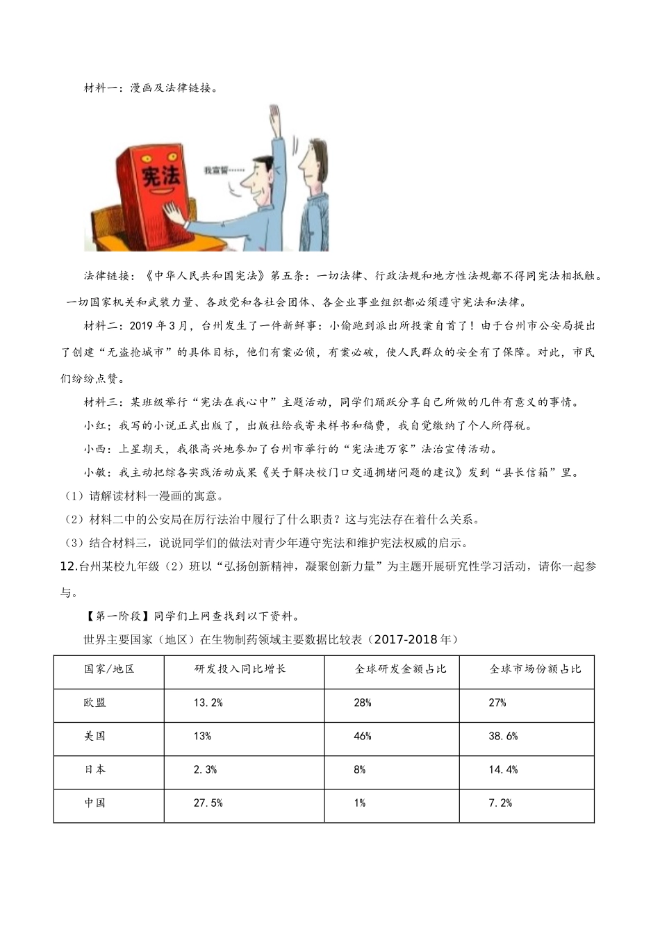 精品解析：2019年浙江省台州市中考道德与法治试题（原卷版）_九年级下册.doc_第3页