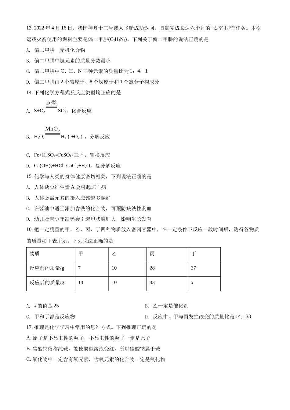 精品解析：2022年湖南省邵阳市初中学业水平模拟考试化学试题（原卷版）_九年级下册.docx_第3页